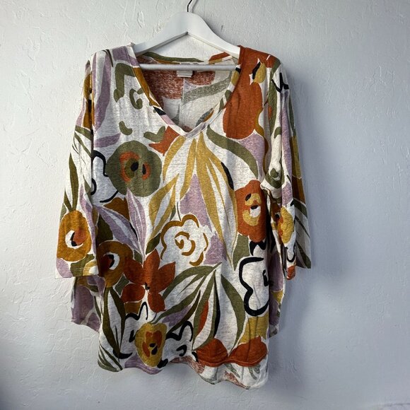 Rachel Zoe Womens Floral Print Linen V-Neck Top 2X Multicolor Lightweight USA - Picture 1 of 7